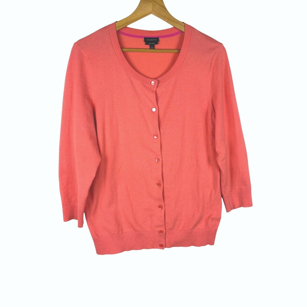 Talbots Womens 3/4 Sleeve Pima Cotton Cardigan Sweater L Office Transitional